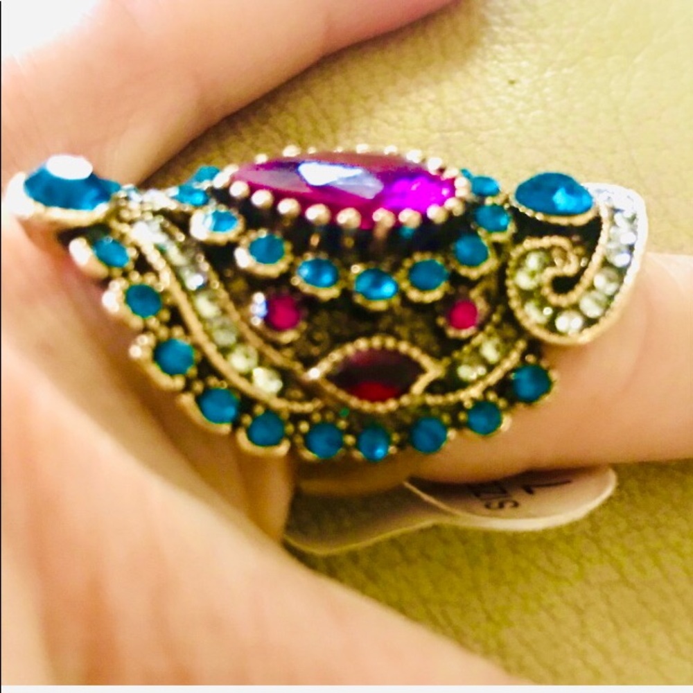 Ring Large Turkish Boho Fashion Statement Gold White Blue Pink Purple sz 7